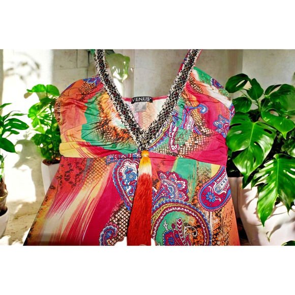 Venus Colorful Boho Style Sleeveless Top with Tassel Detail – Vibrant Multicolor - Picture 14 of 15
